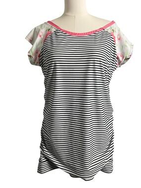 The Skirt Outlet Swim Shirt Top Womens XXL Striped Floral Short Sleeve Ruched